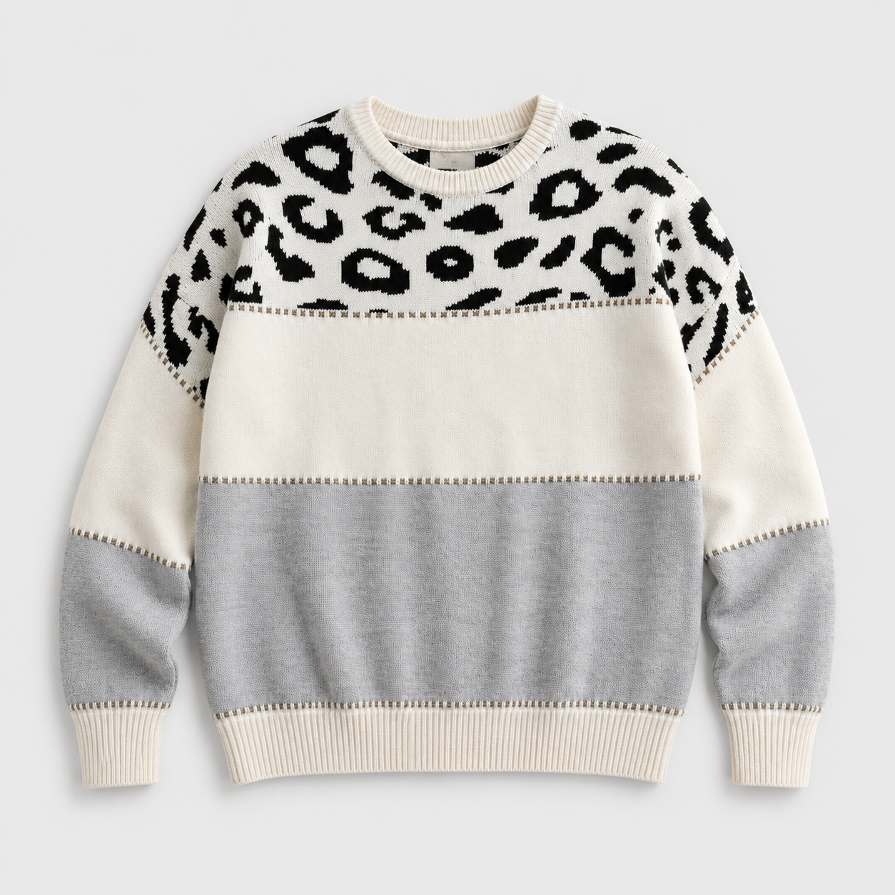 Leopard color-block sweater detail