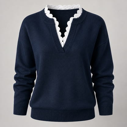 Scalloped V-neck sweater front