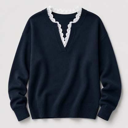Scalloped V-neck sweater detail