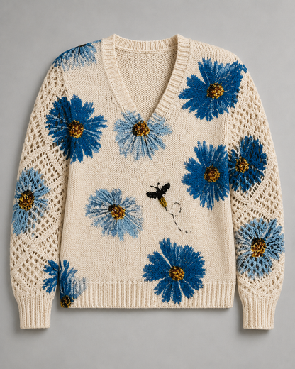 Floral embroidered knit sweater front