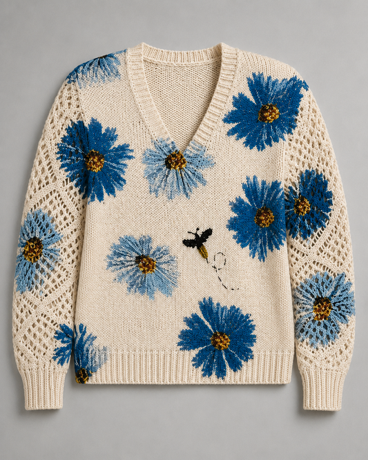 Floral embroidered knit sweater front