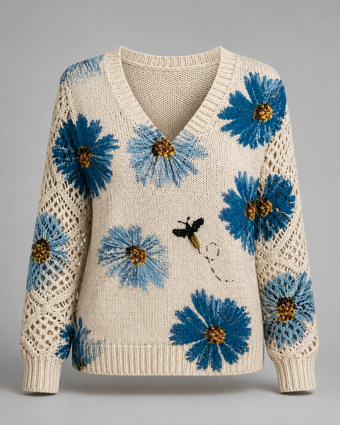 Floral embroidered knit sweater detail