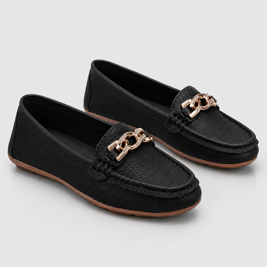Chain buckle loafers pair