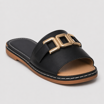 Gold buckle slide sandals detail