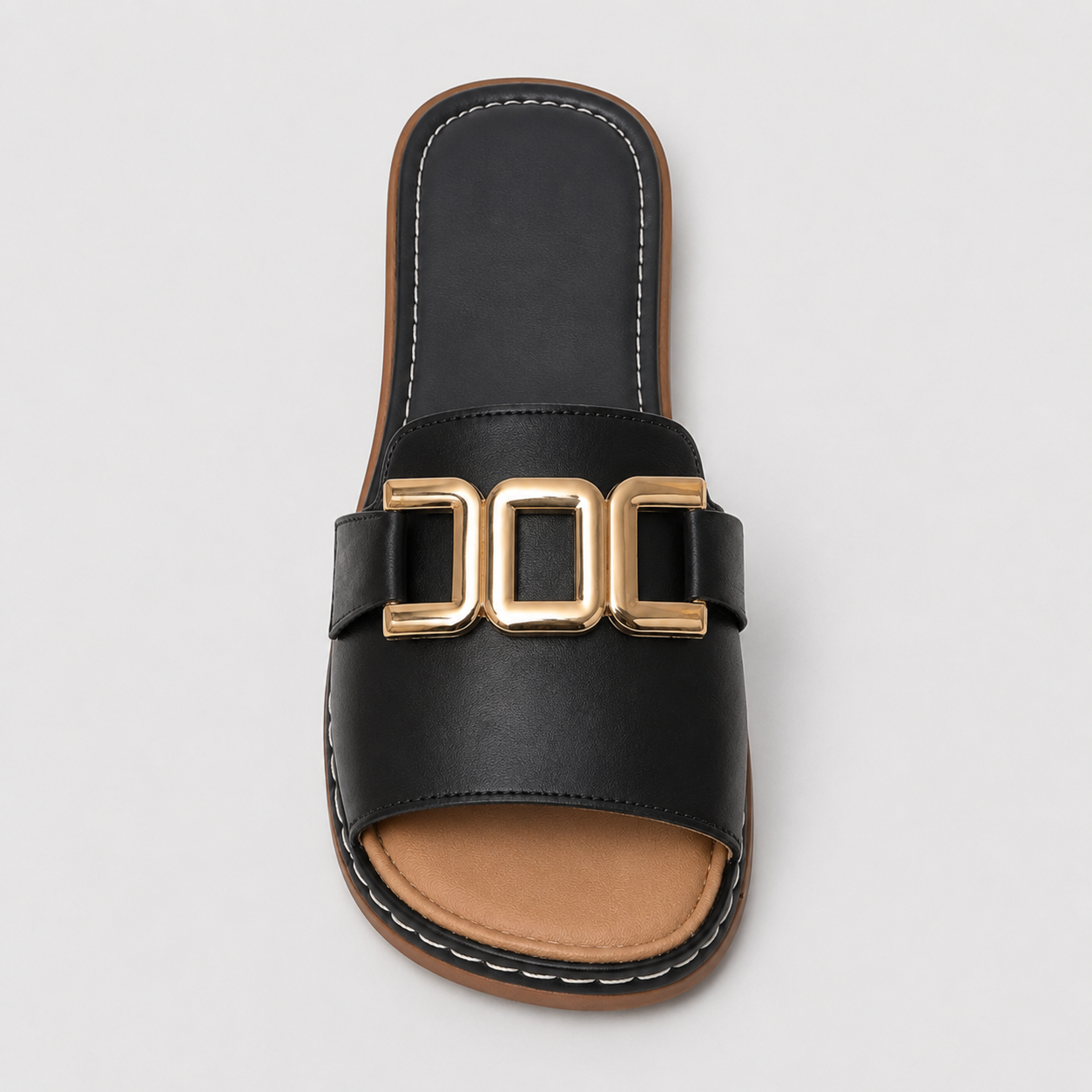 Gold buckle slide sandals side