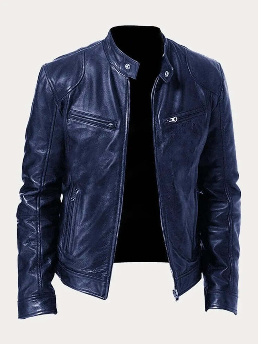 Men's classic zip-up leather biker jacket view 10