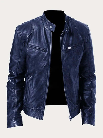Men's classic zip-up leather biker jacket view 10
