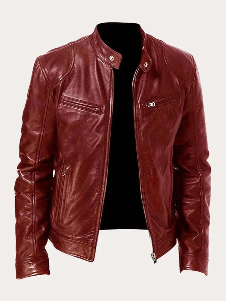 Men's classic zip-up leather biker jacket view 11