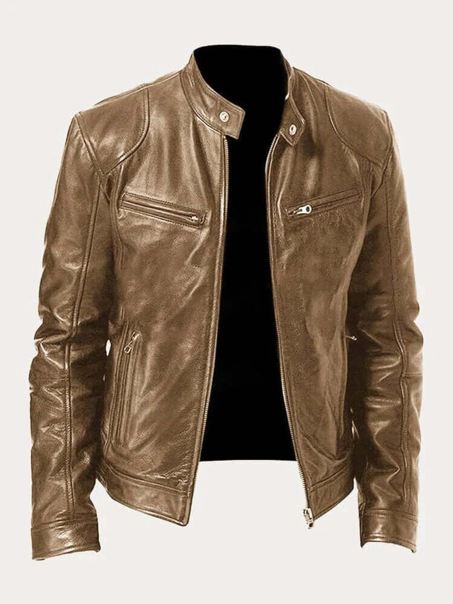 Men's classic zip-up leather biker jacket view 12