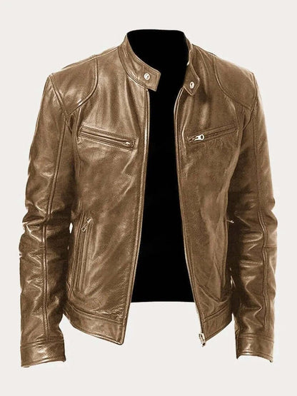 Men's classic zip-up leather biker jacket view 12