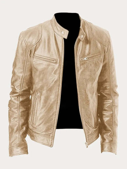 Men's classic zip-up leather biker jacket view 13