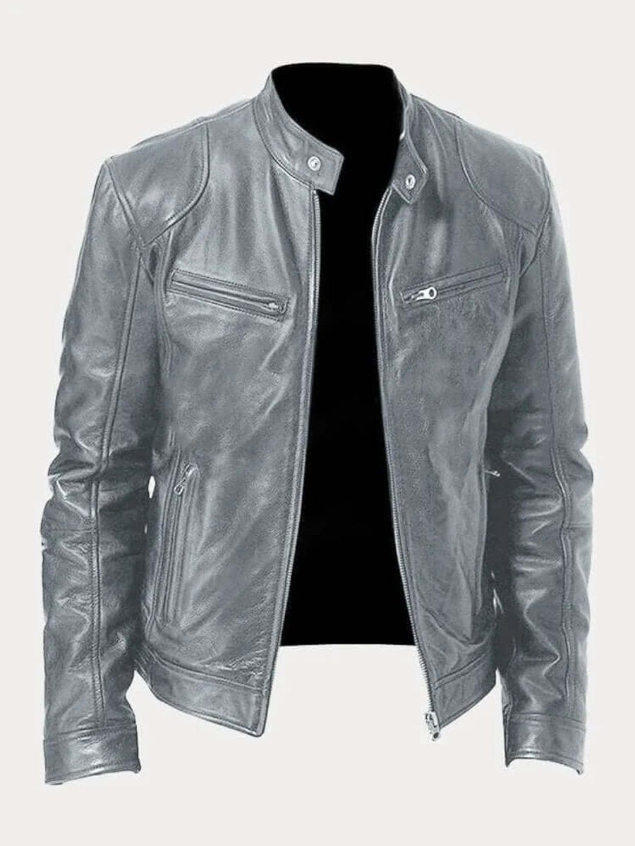 Men's classic zip-up leather biker jacket view 14
