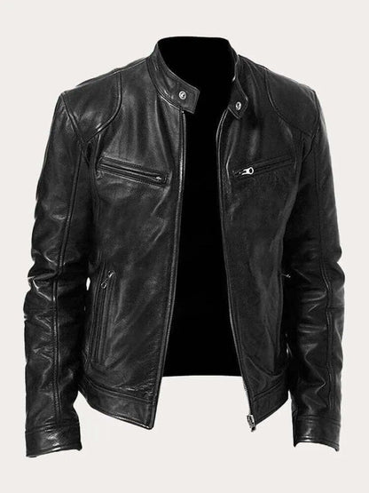 Men's classic zip-up leather biker jacket view 7