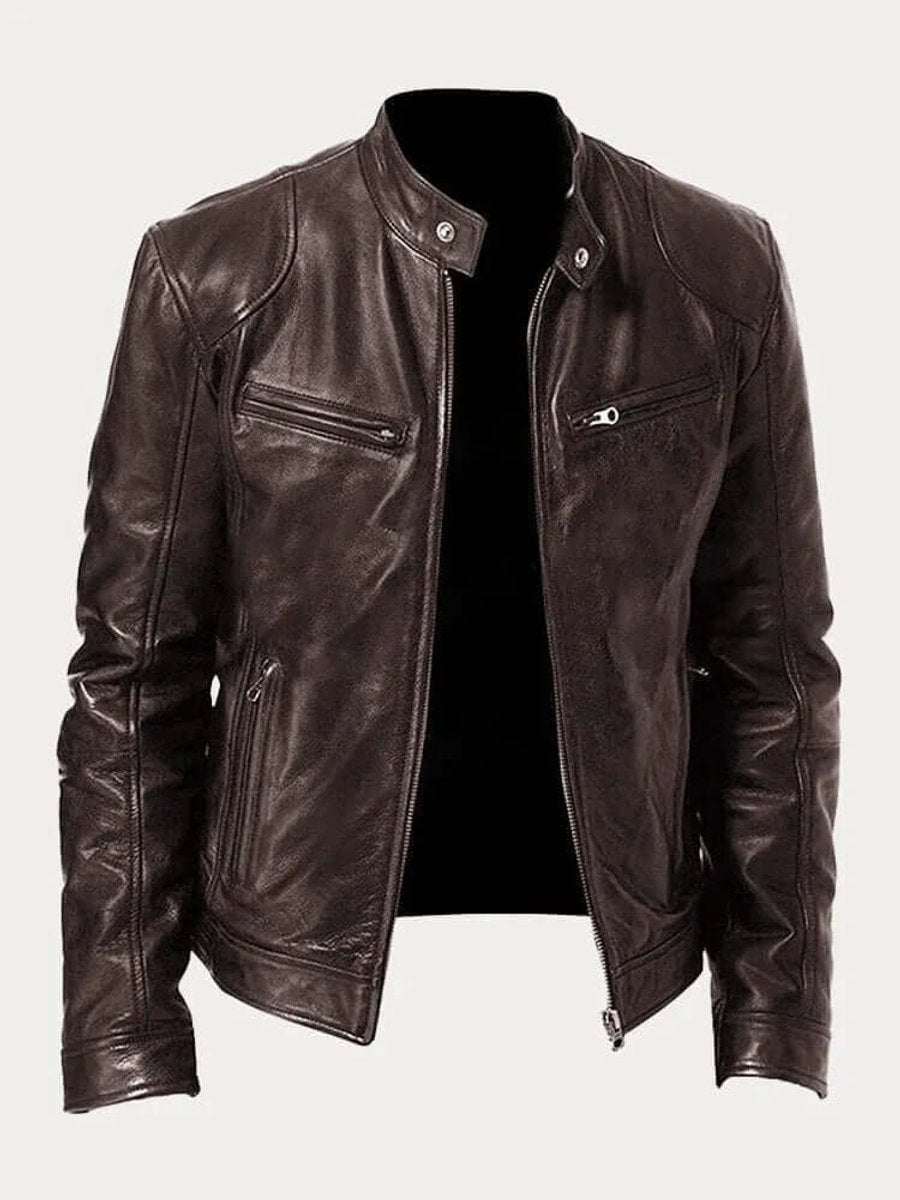 Men's classic zip-up leather biker jacket view 8