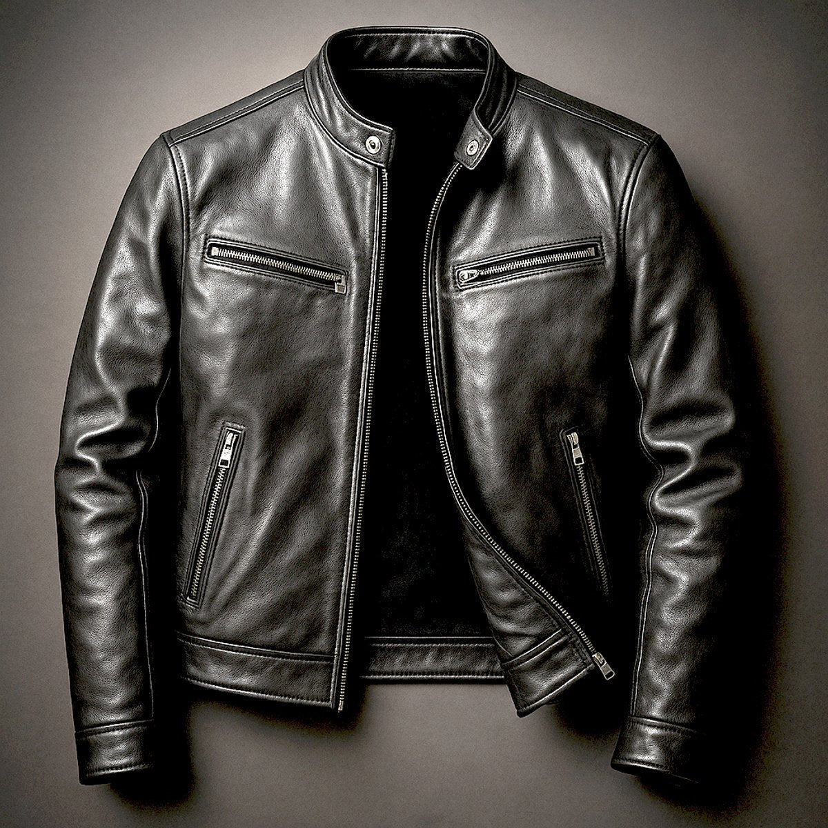 Men's vintage quilted leather moto jacket view 2