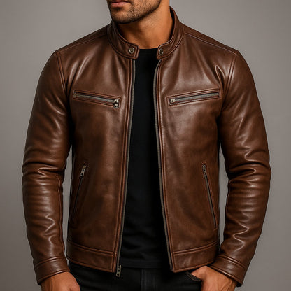 Men's vintage quilted leather moto jacket view 5