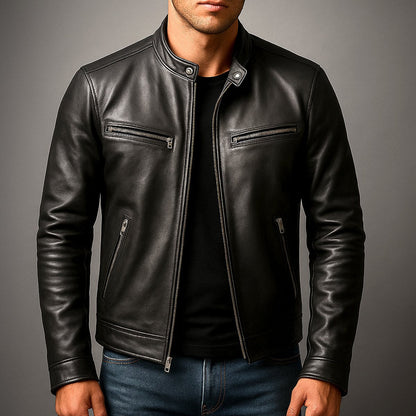 Men's vintage quilted leather moto jacket view 6
